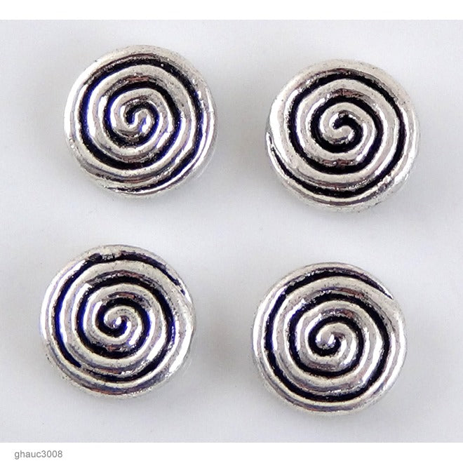 High quality Zinc alloy "Zamak" Spiral beads with silver-plated finish.  Each bead measures 13mm end-to-end.