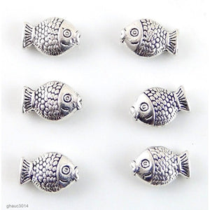 High quality Zinc alloy "Zamak" fish beads with silver-plated finish.  Each fish measures 11mm end-to-end.