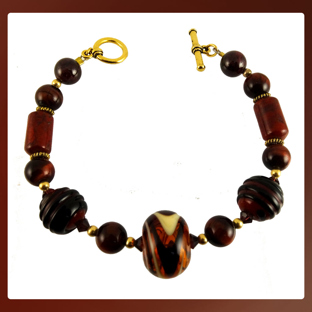 Artisan Bracelet: Glass Beads, Tiger-Eye and Poppy Jasper