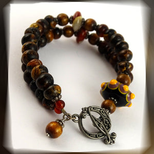 2-Strand Beaded Bracelet: Handmade Bead, Amber, Golden Coral, Jasper