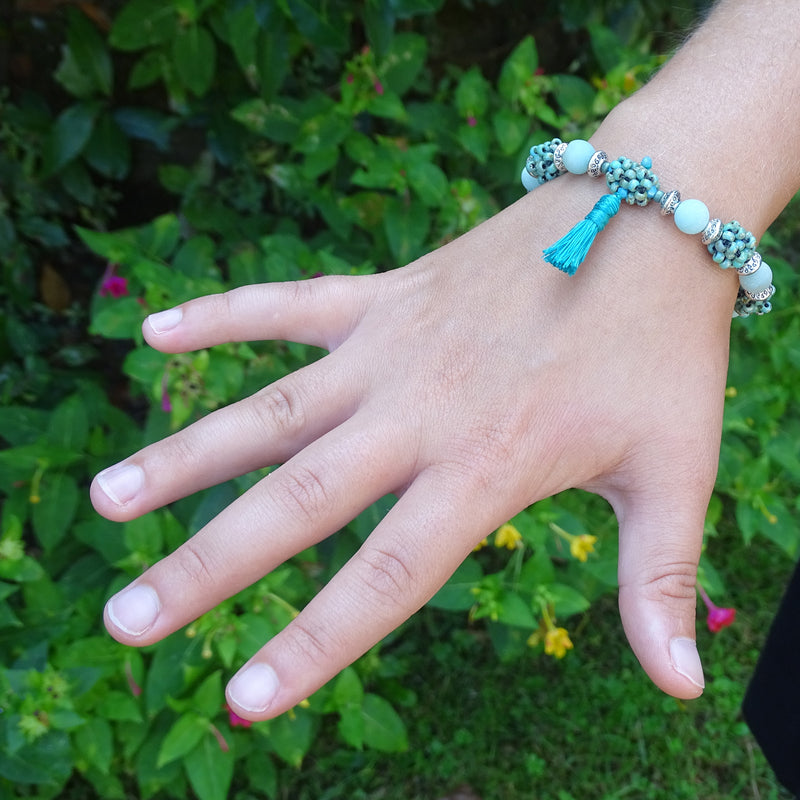 "Clarity" Mala Bracelet: Frosted Amonzonite & Hand-Woven "Berry Beads"