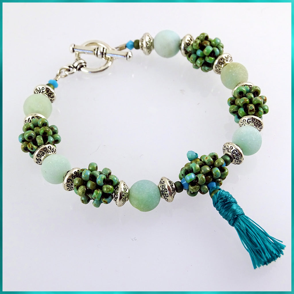 "Clarity" Mala Bracelet: Frosted Amonzonite & Hand-Woven "Berry Beads"
