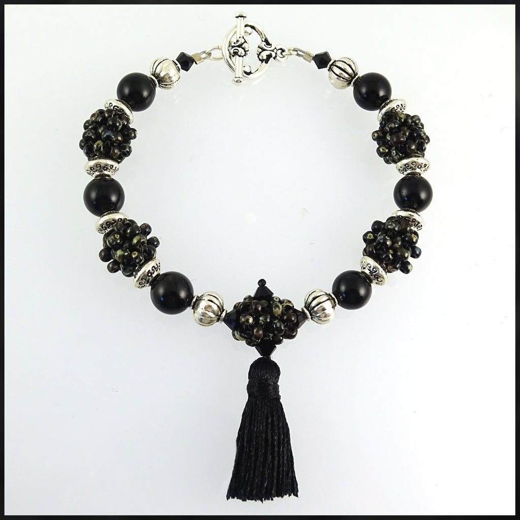 "Mystery" Mala Bracelet: Black Obsidian & Hand-Woven "Berry Beads"
