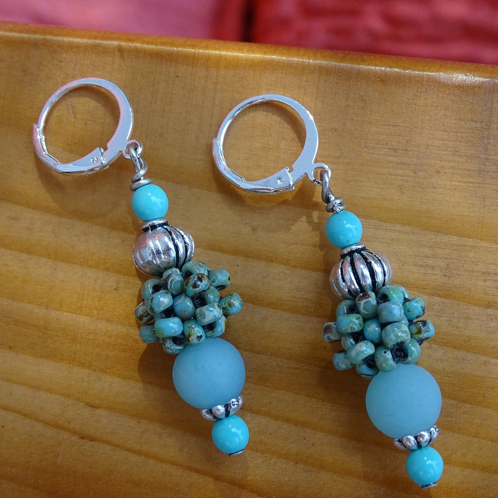 "Clarity" Earrings: Frosted Amonzonite & Hand-Woven "Berry Beads"