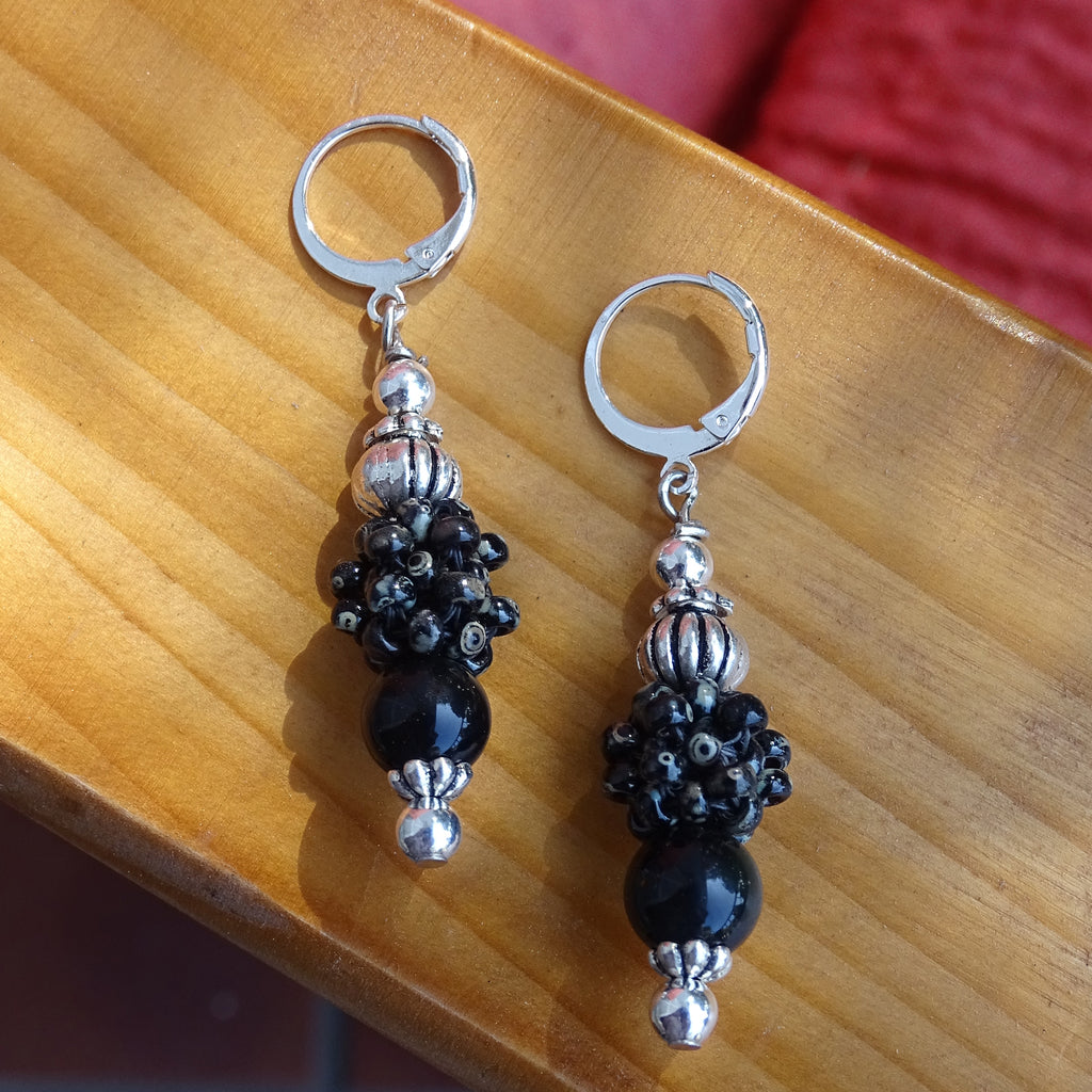 "It's a Mystery" Earrings: Black Obsidian & Hand-Woven "Berry Beads"
