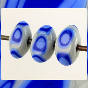 Handmade Glass Lampwork Beads - Set Of 3: Blues On Light Gray