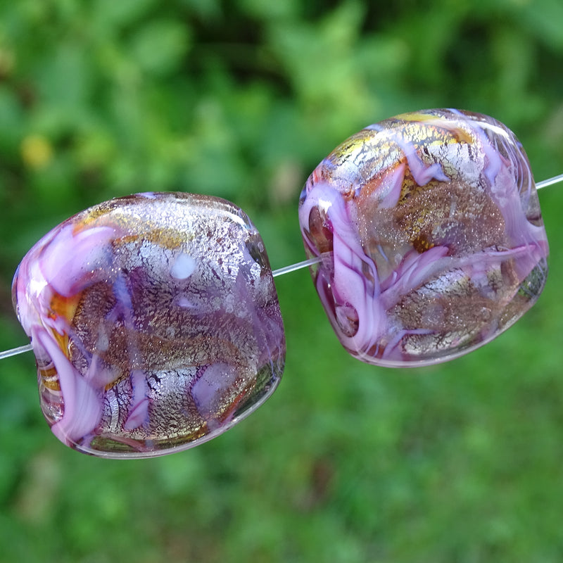 Handmade Glass Lampwork Beads - Sold By The Pair: Pink, Amber & Violet Swirl on Silver Leaf