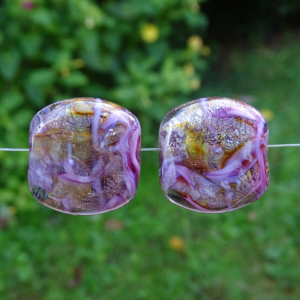 Handmade Glass Lampwork Beads - Sold By The Pair: Pink, Amber & Violet Swirl on Silver Leaf