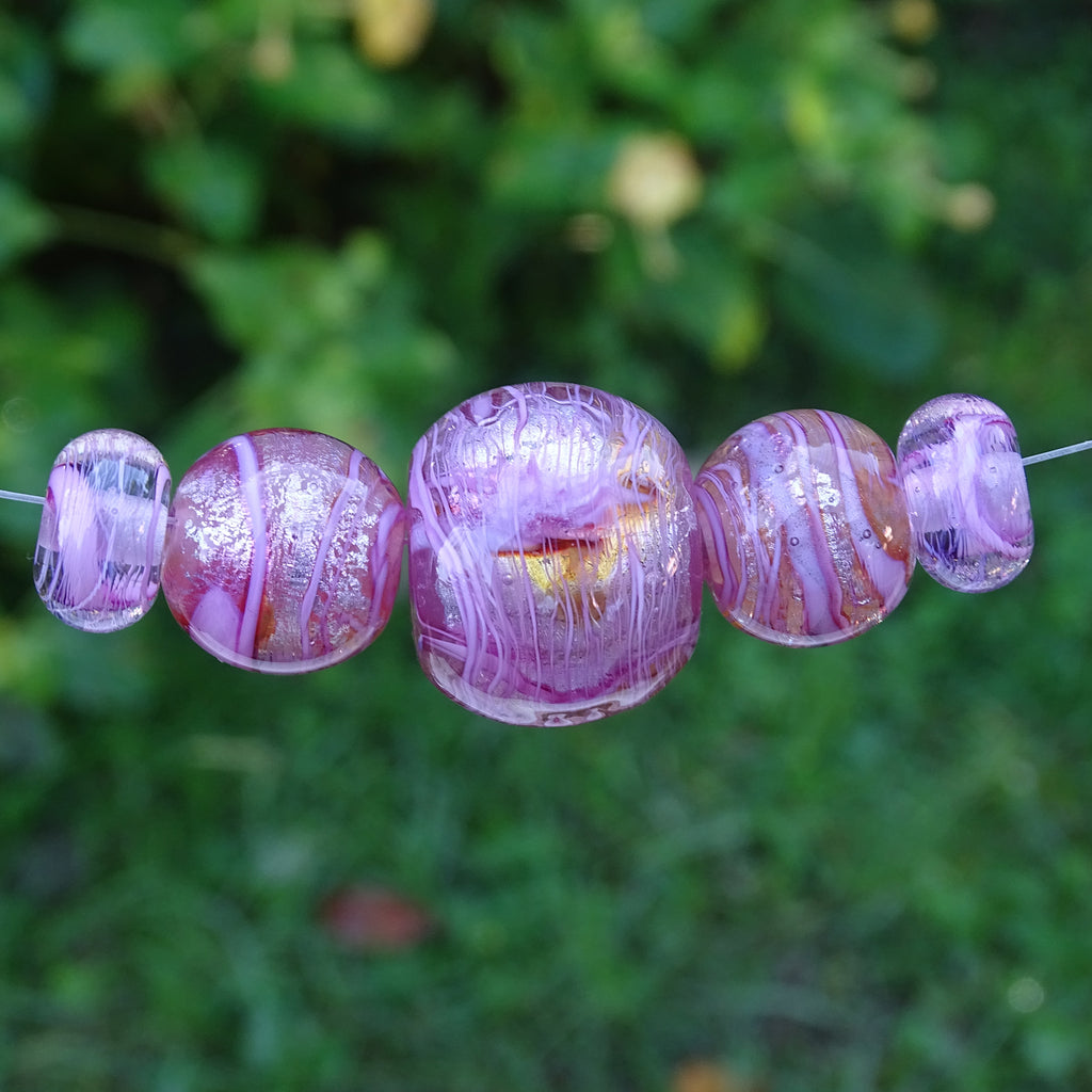 Handmade Glass Bead Set - 5 Lampwork Beads: Pink & Amber Swirl on Silver Leaf