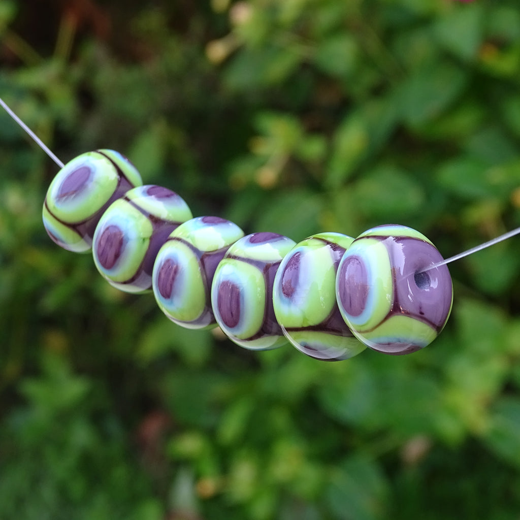 Handmade Glass Bead Set: 6 Lampwork Beads (Violet & Chartreuse)