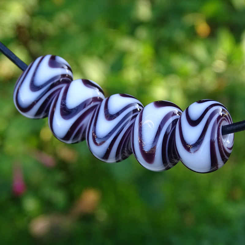 Handmade Glass Bead Set: 5 Lampwork Beads with Black & White Swirl Decoration
