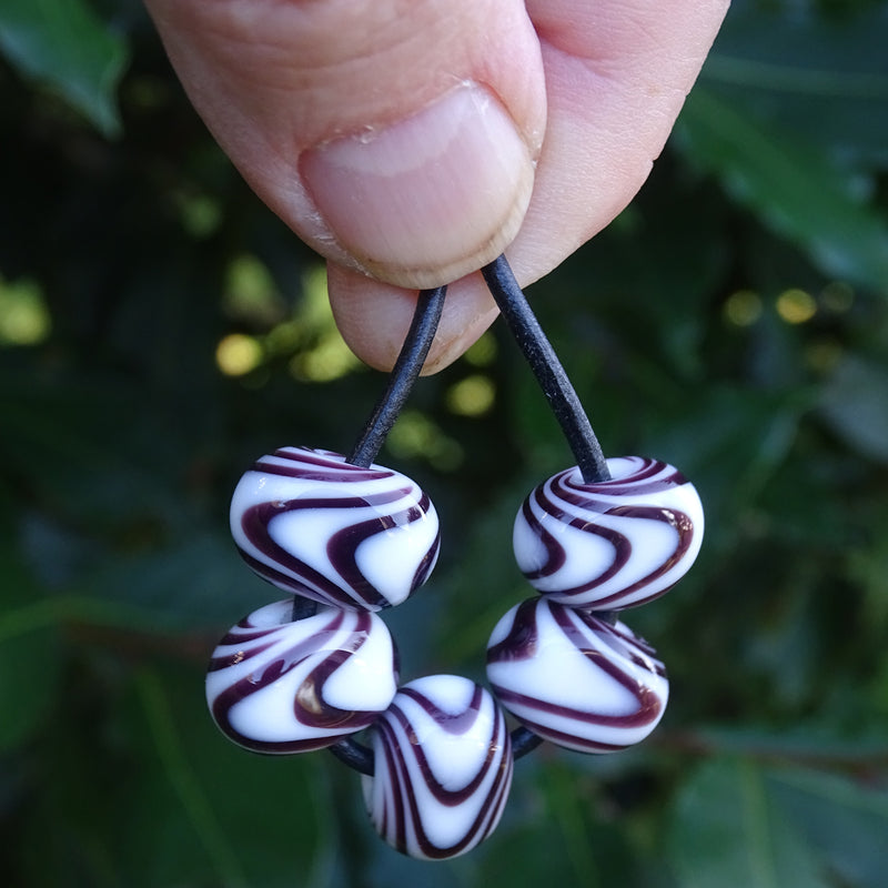 Handmade Glass Bead Set: 5 Lampwork Beads with Black & White Swirl Decoration