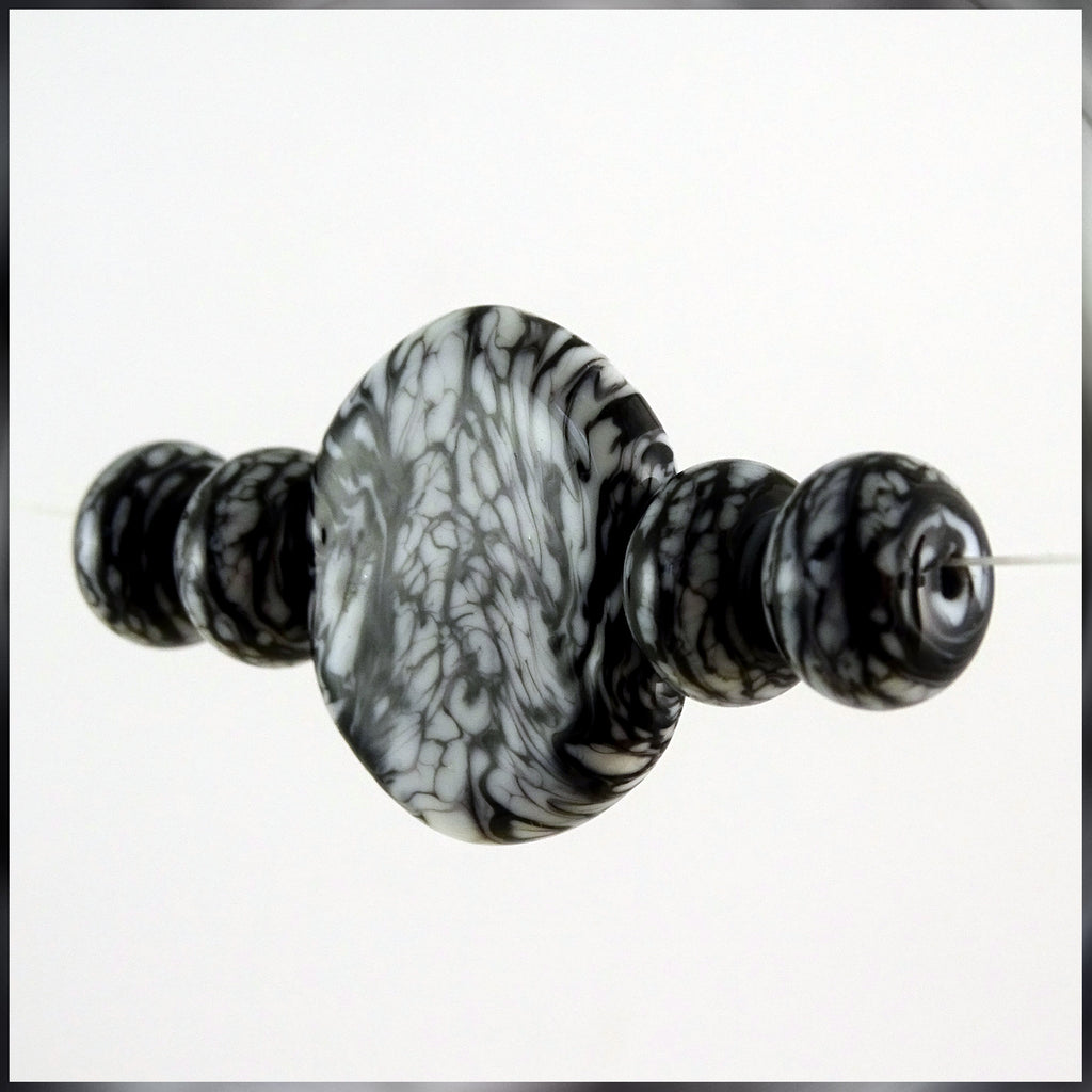 Handmade Glass Bead Set: 5 Lampwork Beads with Black & White Swirl Decoration
