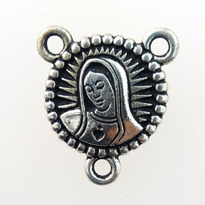 Silver Plated Pewter Charm: Rosary Centerpiece, Mother Mary/Rose (double-sided)