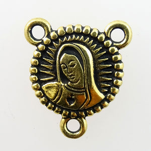 Gold Plated Pewter Charm: Rosary Centerpiece, Mother Mary/Rose (double-sided)