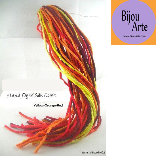 Hand Dyed Silk-Satin Cords: Yellow - Orange - Red (4-5mm width)