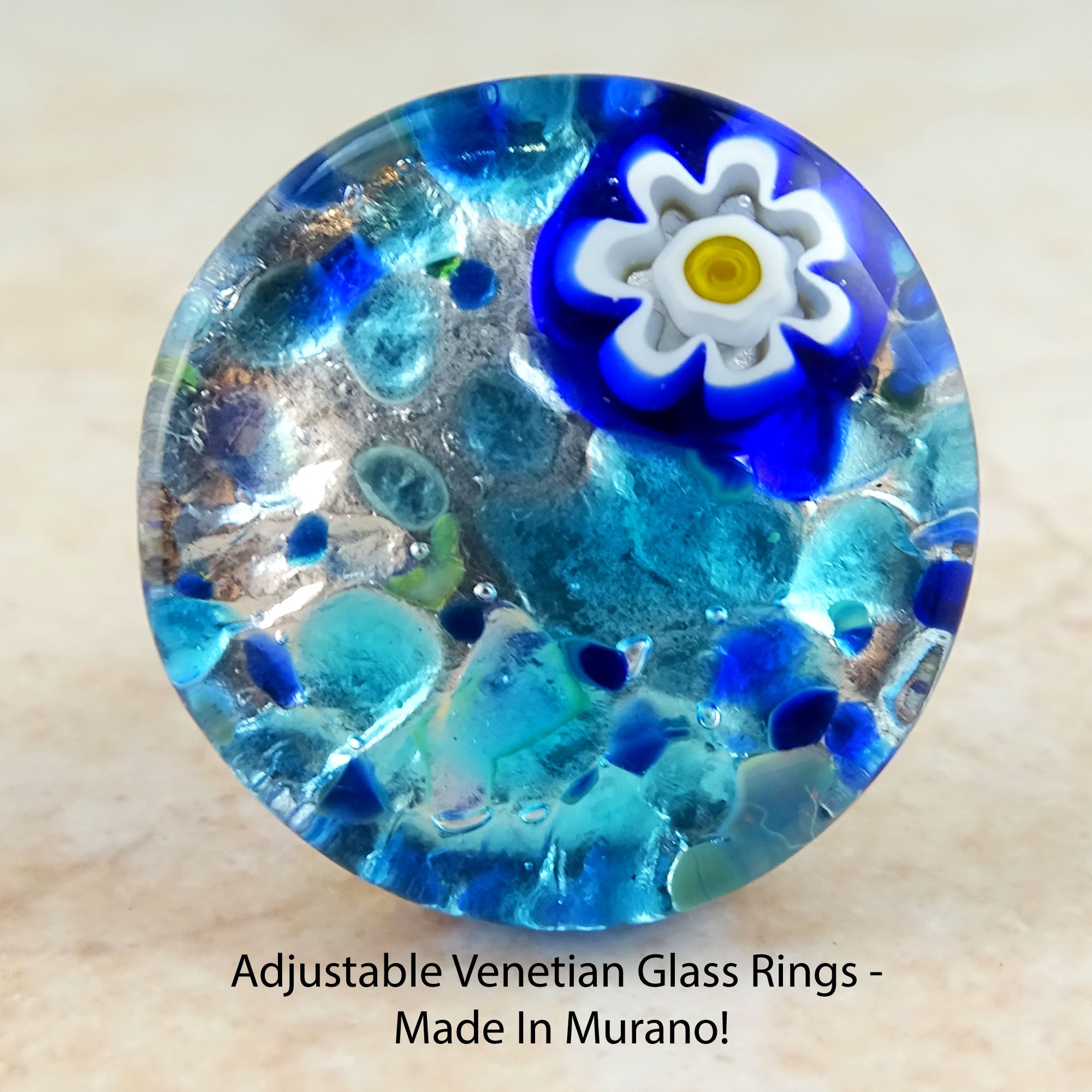 Anneau En Verre De Murano Fait Main - Pièce Unique Colorée, Taille 18, Italie, Neuf